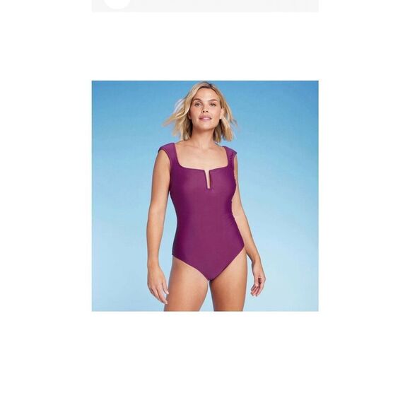 Shade & Shore WOMEN’S CAP SLEEVE ONE PIECE SWIMSUIT, PURPLE size Large - Picture 2 of 11